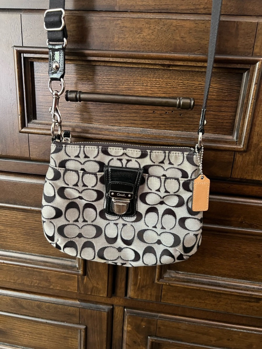Coach Black & Cream Signature Crossbody with Leather Trim